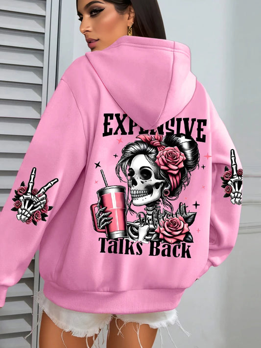 Expensive Talks Back Funny Printing Womens Hoodie Loose Multicolor Pullovers Fleece Autumn Sportswear Casual Pocket Hoody