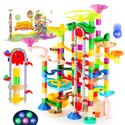 Joyfy 236 Pcs Glowing Marble Run with Motorized Elevator Construction Building Blocks STEM Educational Toys Set for Kid Ages 4-8