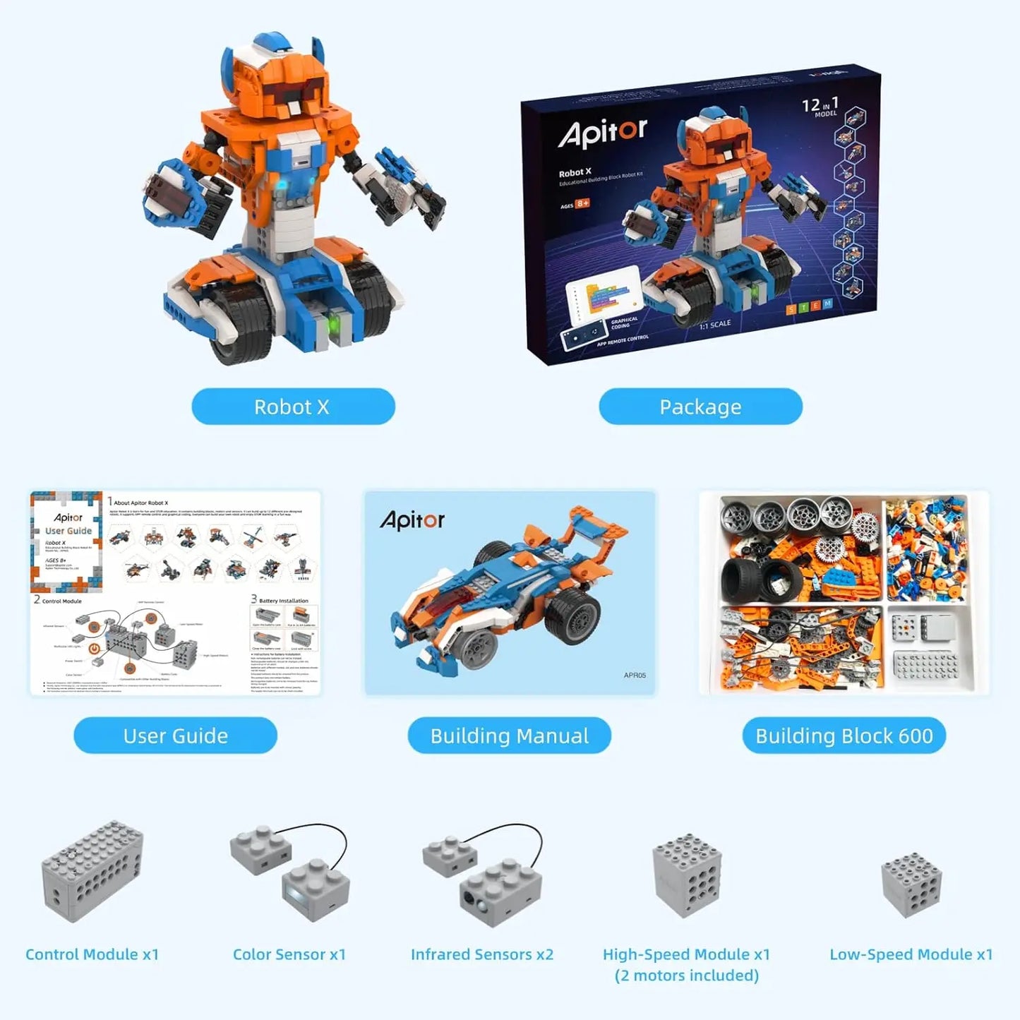 Apitor Robot X Robot Building Kit, 12-in-1 STEM Robotics Coding Set, Educational Birthday Christmas Gifts for Kids Ages 8-12